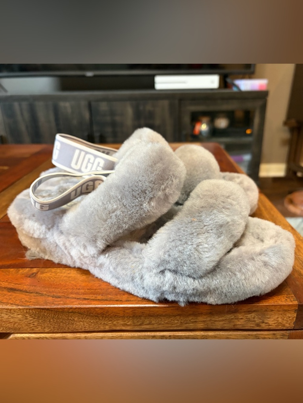 UGG Gray Sheepskin Fluff Slide Sandals with Branded Strap